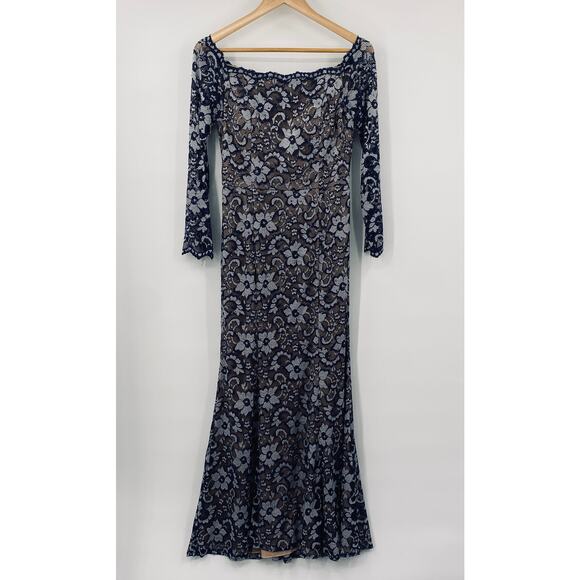 Xscape Off Shoulder Floral Lace Gown Long Sleeve Rhinestone Blue Over Cream 6 - Picture 2 of 8